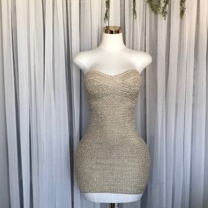 Michel Studio Strapless Metallic Mini Dress in Champagne